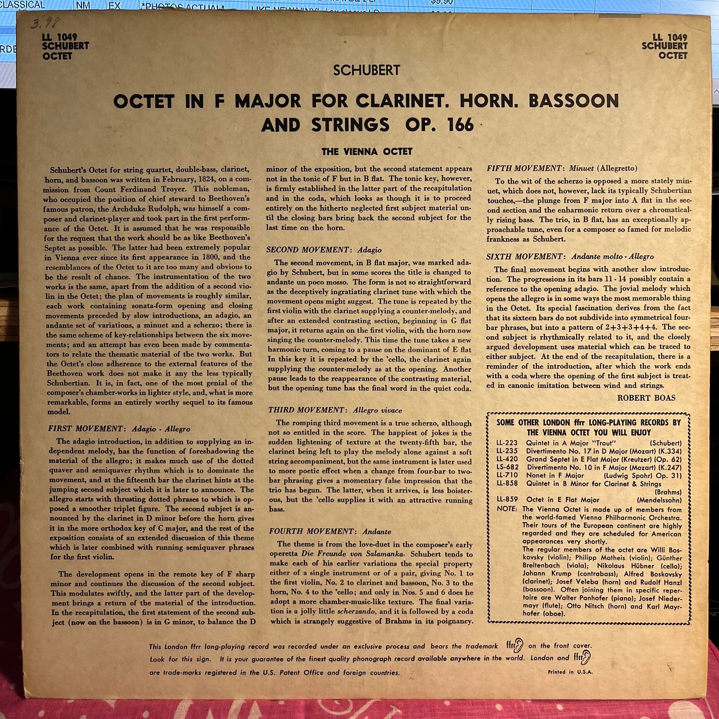 Franz Schubert - Octet In F Major Opus 166 For Clarinet, Horn, Bassoon And Strings | Near Mint (NM) Excellent (EX) - CLASSICAL / USED *NEAR MINT*