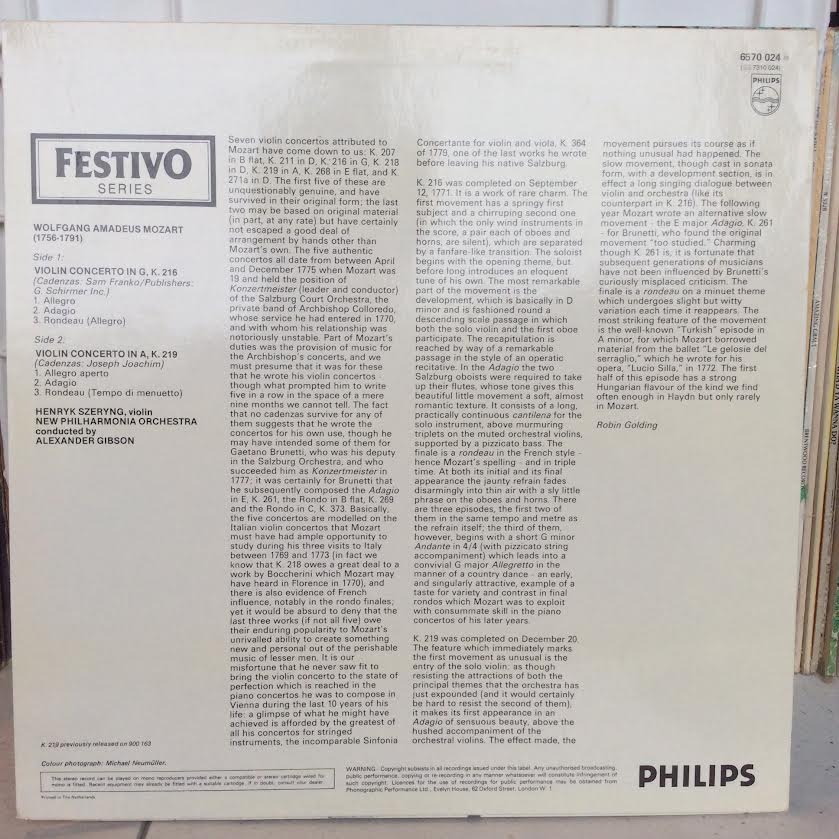 Violin Concertos No. 3 in G No. 5 in A (VINYL) | Near Mint (NM or M-) Near Mint (NM or M-) - CLASSICAL / USED *NEAR MINT*