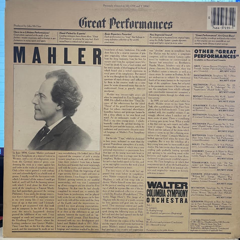 Mahler's 1st Symphony In D Major "Titan" (VINYL) | Near Mint (NM) Near Mint (NM) - CLASSICAL / USED *NEAR MINT*