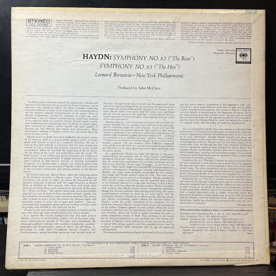 Symphony No. 82 "The Bear", Symphony No. 83 "The Hen" (VINYL) | Near Mint (NM) Excellent (EX) - CLASSICAL / USED *NEAR MINT*