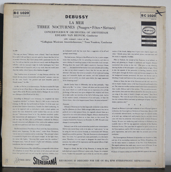 La Mer; Three Nocturnes (VINYL) | Near Mint (NM) Excellent+ (EX+) - CLASSICAL / USED *NEAR MINT*