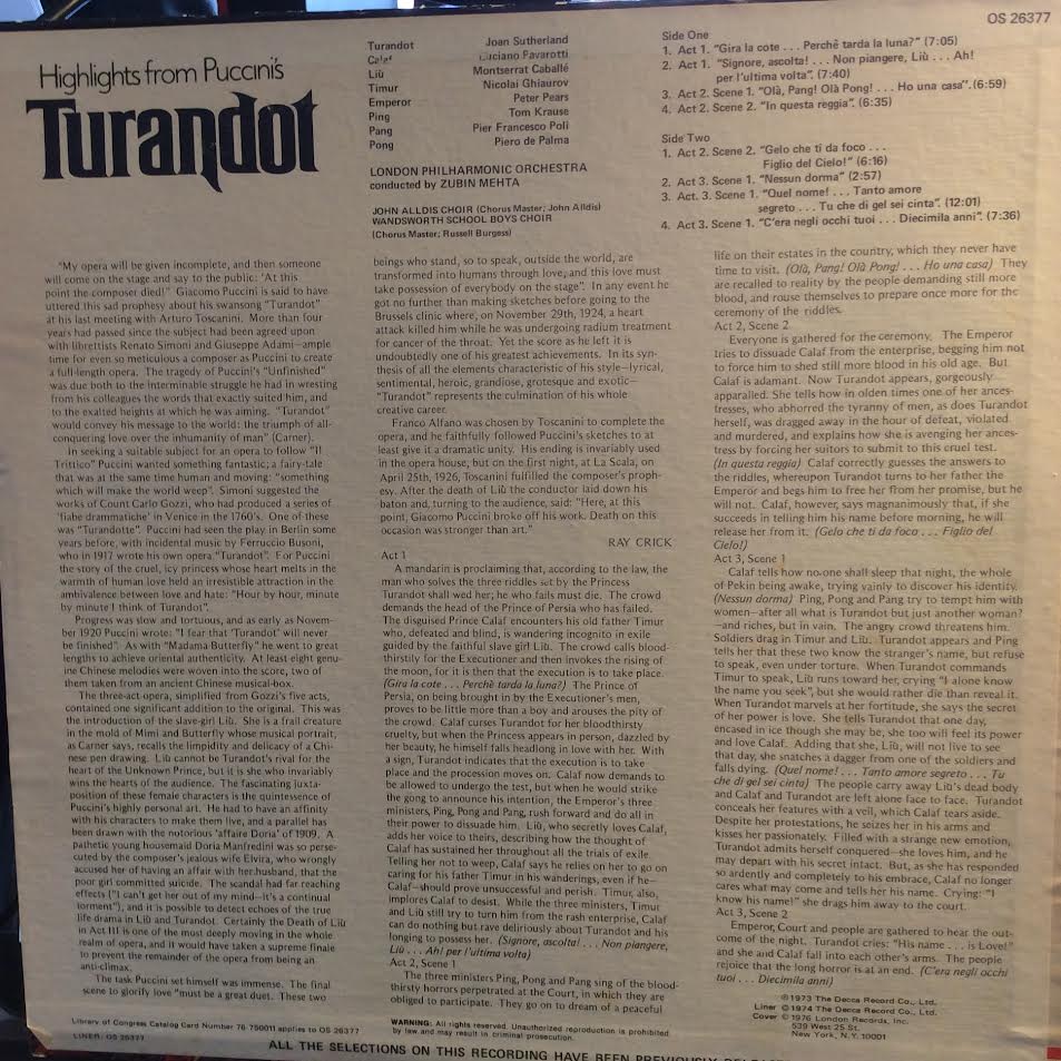 Turandot Highlights (VINYL) | Near Mint (NM) Excellent+ (EX+) - CLASSICAL / USED *NEAR MINT*
