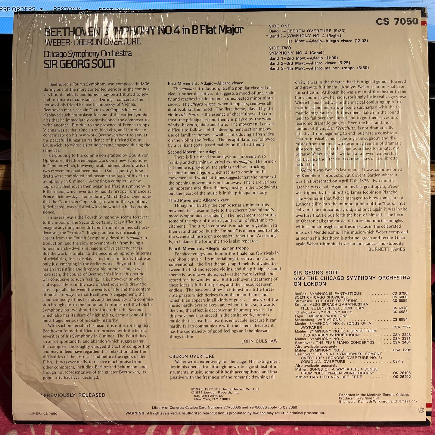 Ludwig Van Beethoven - Symphony No. 4 In B Flat Major · Oberon Overture *SHRINK* | Near Mint (NM) Near Mint (NM) - CLASSICAL / USED *NEAR MINT*
