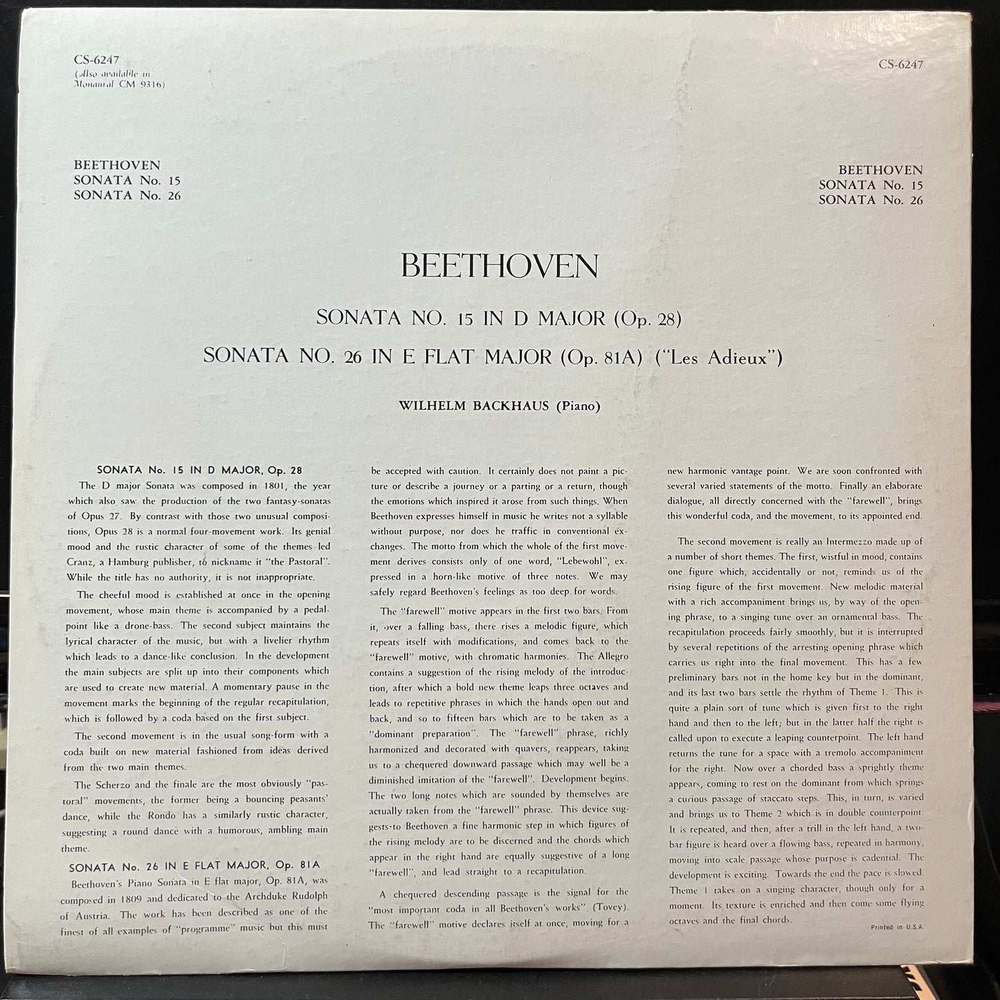 Ludwig van Beethoven, Wilhelm Backhaus - Beethoven: Sonata No. 15 and 26. Wilhelm Backhaus, Piano (VINYL LP LONDON CS 6247 1962) | Near Mint (NM or M-) Near Mint (NM) - CLASSICAL / USED *NEAR MINT*