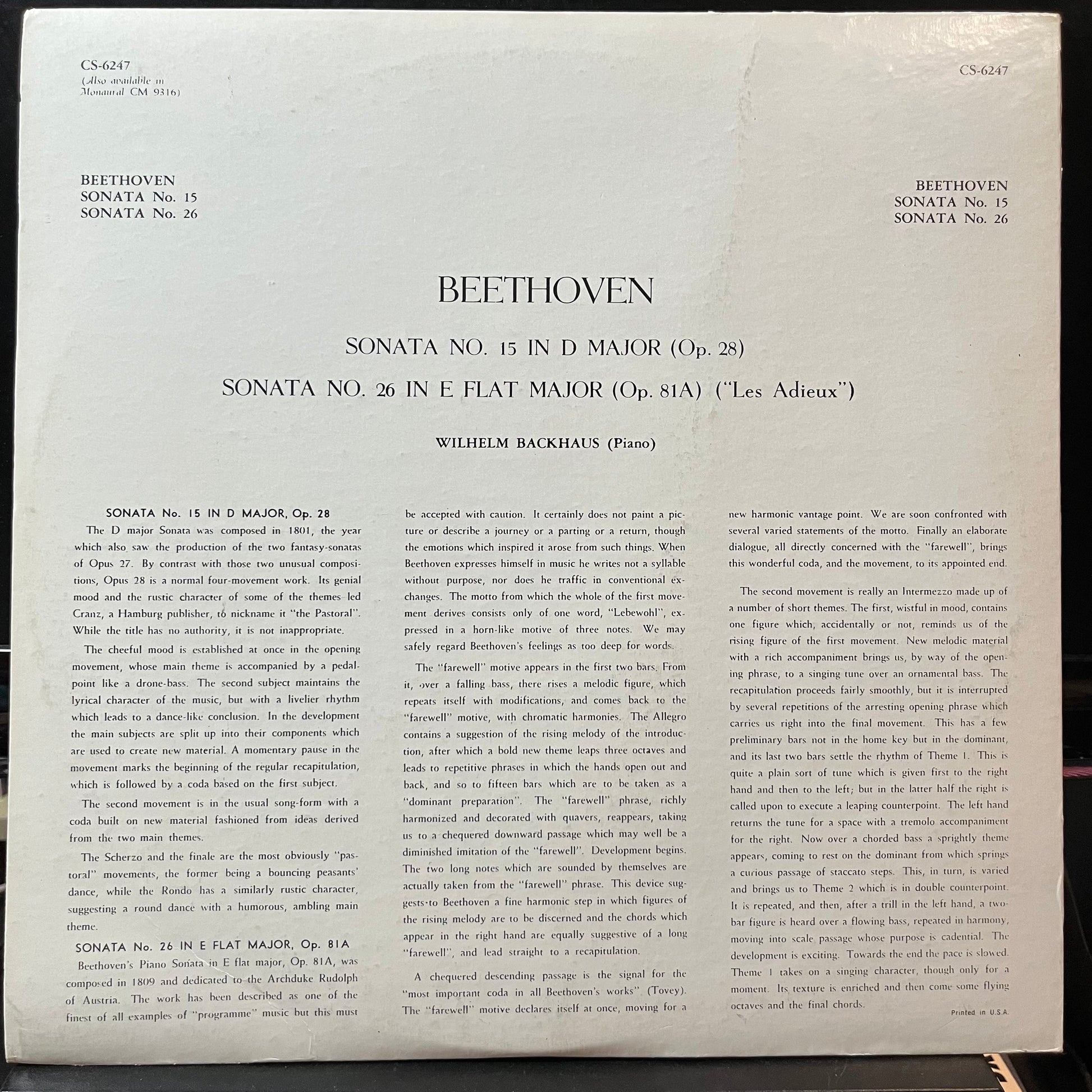 Ludwig van Beethoven, Wilhelm Backhaus - Beethoven: Sonata No. 15 and 26. Wilhelm Backhaus, Piano (VINYL LP LONDON CS 6247 1962) | Near Mint (NM or M-) Near Mint (NM) - CLASSICAL / USED *NEAR MINT*
