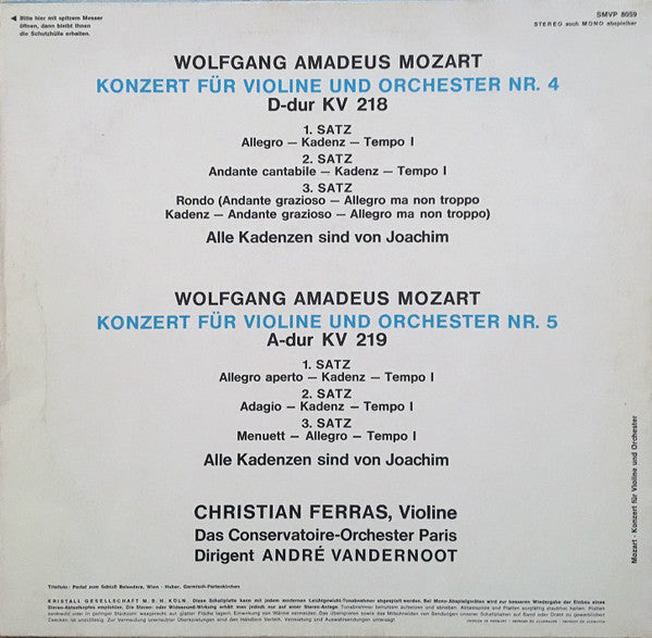 Wolfgang Amadeus Mozart - Violinkonzerte Nr. 4 D-Dur KV 218 Und Nr.5 A-Dur KV 219 *GERMANY* | Near Mint (NM) Excellent (EX) - CLASSICAL / USED *NEAR MINT*