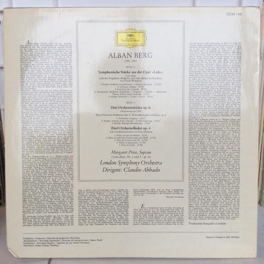 Lulu-Suite • Altenberg-Lieder Op. 4 • Drei Orchester-Stücke Op. 6 = Three Pieces For Orchestra, Op. 6 (VINYL) | Near Mint (NM or M-) Near Mint (NM or M-) - CLASSICAL / USED *NEAR MINT*