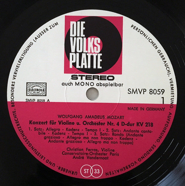 Wolfgang Amadeus Mozart - Violinkonzerte Nr. 4 D-Dur KV 218 Und Nr.5 A-Dur KV 219 *GERMANY* | Near Mint (NM) Excellent (EX) - CLASSICAL / USED *NEAR MINT*