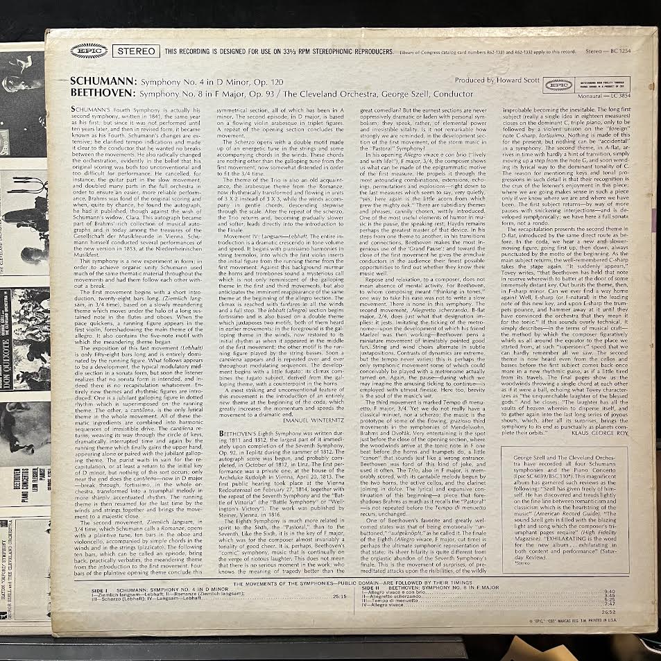 Symphony No.4 In D Minor, Op.120 / Symphony No.8 In F Major, Op.93 (VINYL) | Near Mint (NM) Excellent+ (EX+) - CLASSICAL / USED *NEAR MINT*