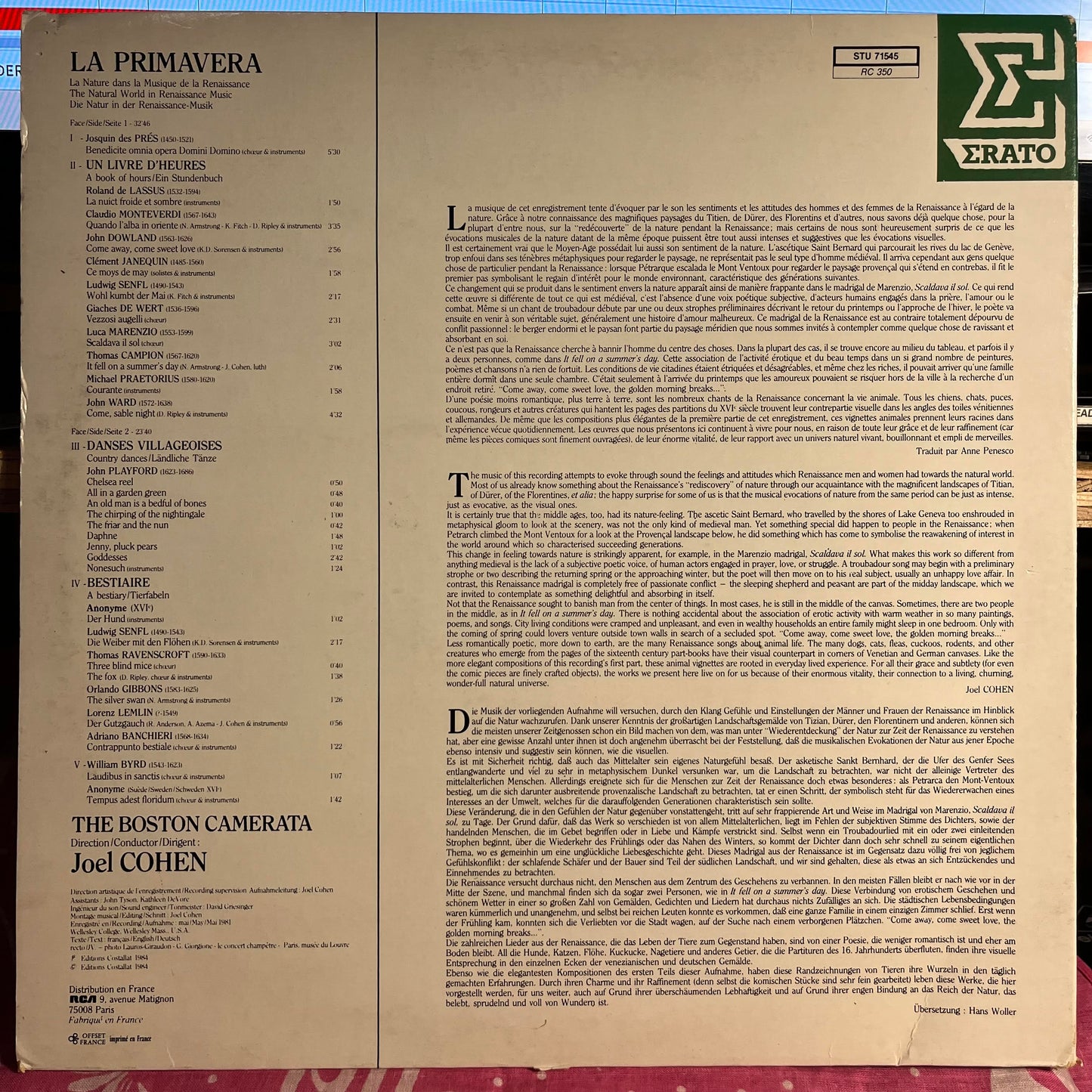 Boston Camerata - La Primavera (La Nature Dans La Musique De La Renaissance) | Near Mint (NM) Near Mint (NM) - CLASSICAL / USED *NEAR MINT*