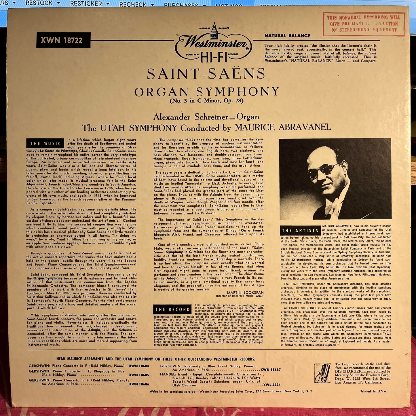 Camille Saint-Saëns - Organ Symphony No.3, C Minor, Op.78 | Near Mint (NM) Near Mint (NM) - CLASSICAL / USED *NEAR MINT*