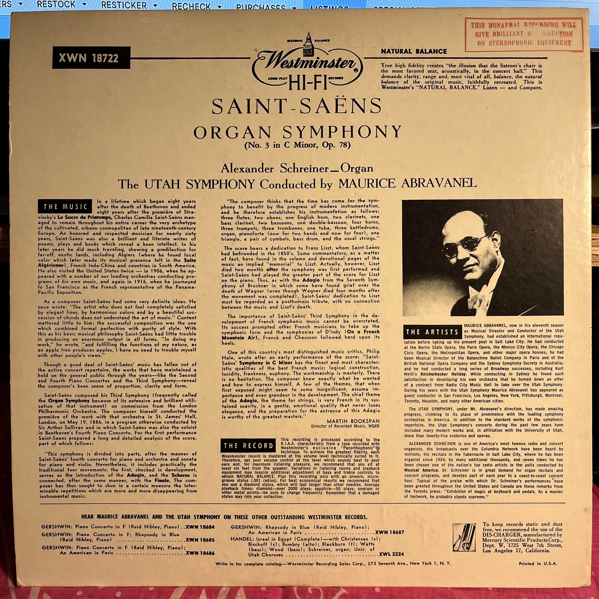 Camille Saint-Saëns - Organ Symphony No.3, C Minor, Op.78 | Near Mint (NM) Near Mint (NM) - CLASSICAL / USED *NEAR MINT*