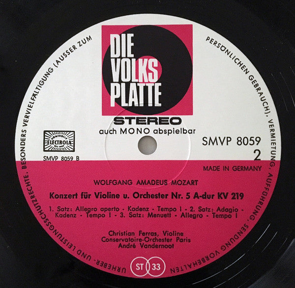 Wolfgang Amadeus Mozart - Violinkonzerte Nr. 4 D-Dur KV 218 Und Nr.5 A-Dur KV 219 *GERMANY* | Near Mint (NM) Excellent (EX) - CLASSICAL / USED *NEAR MINT*