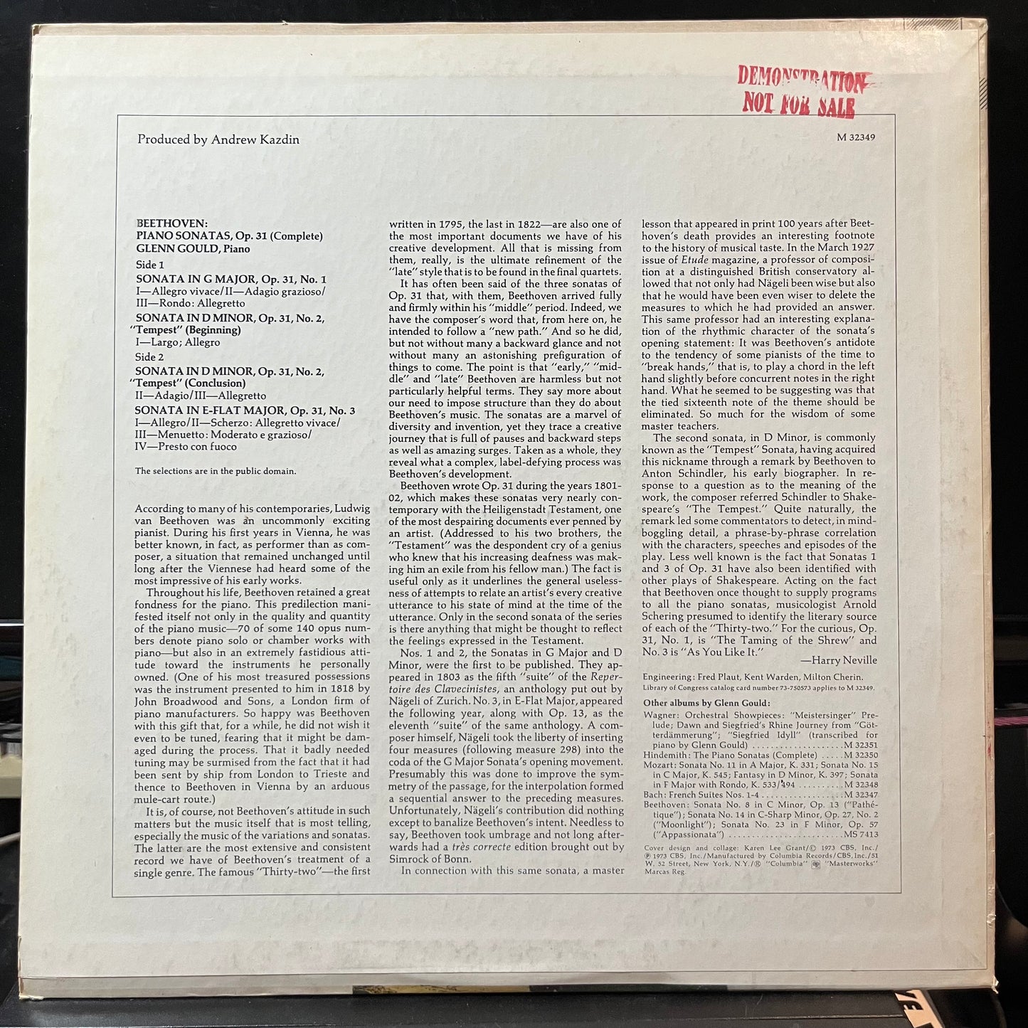Beethoven* / Glenn Gould - Piano Sonatas, Op. 31, Complete: No. 1 In G / No. 2 In D Minor, "Tempest" / No. 3 In E-Flat (PROMO VINYL LP COLUMBIA MASTERWORKS M 32349 1973) | Near Mint (NM or M-) Near Mint- (NM-) - CLASSICAL / USED *NEAR MINT*