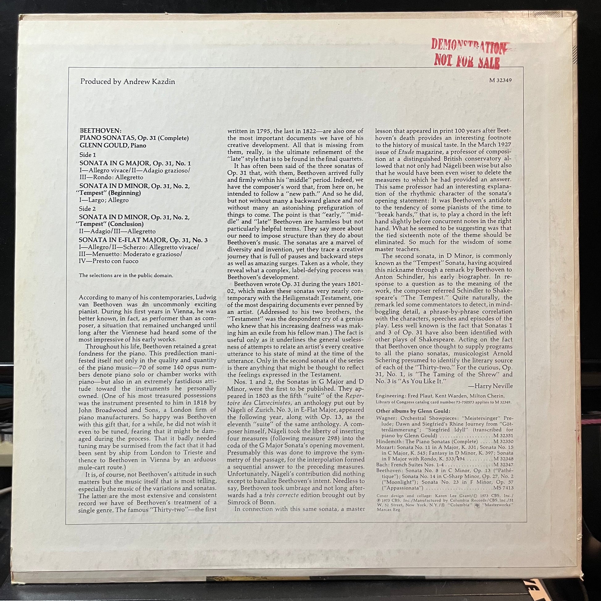 Beethoven* / Glenn Gould - Piano Sonatas, Op. 31, Complete: No. 1 In G / No. 2 In D Minor, "Tempest" / No. 3 In E-Flat (PROMO VINYL LP COLUMBIA MASTERWORKS M 32349 1973) | Near Mint (NM or M-) Near Mint- (NM-) - CLASSICAL / USED *NEAR MINT*