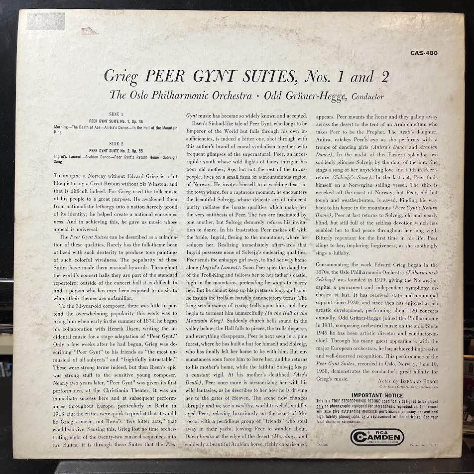 Peer Gynt Suites, Nos. 1 And 2 (VINYL) | Near Mint (NM) Excellent+ (EX+) - CLASSICAL / USED *NEAR MINT*