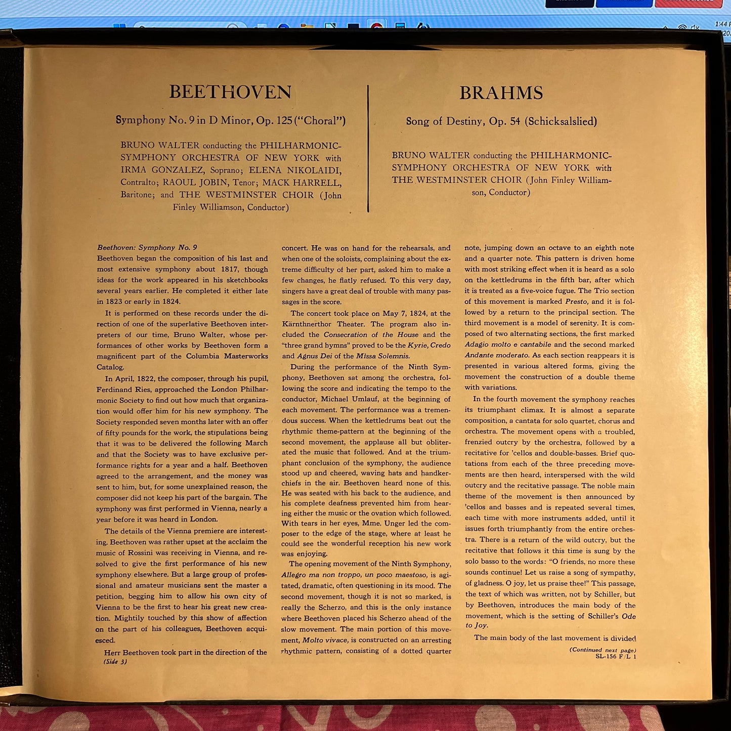 Symphony No. 9 In D Minor, Op. 125 (Choral) / Song Of Destiny, Op. 54 (Schicksalslied) | Very Good Plus (VG+) Near Mint (NM)