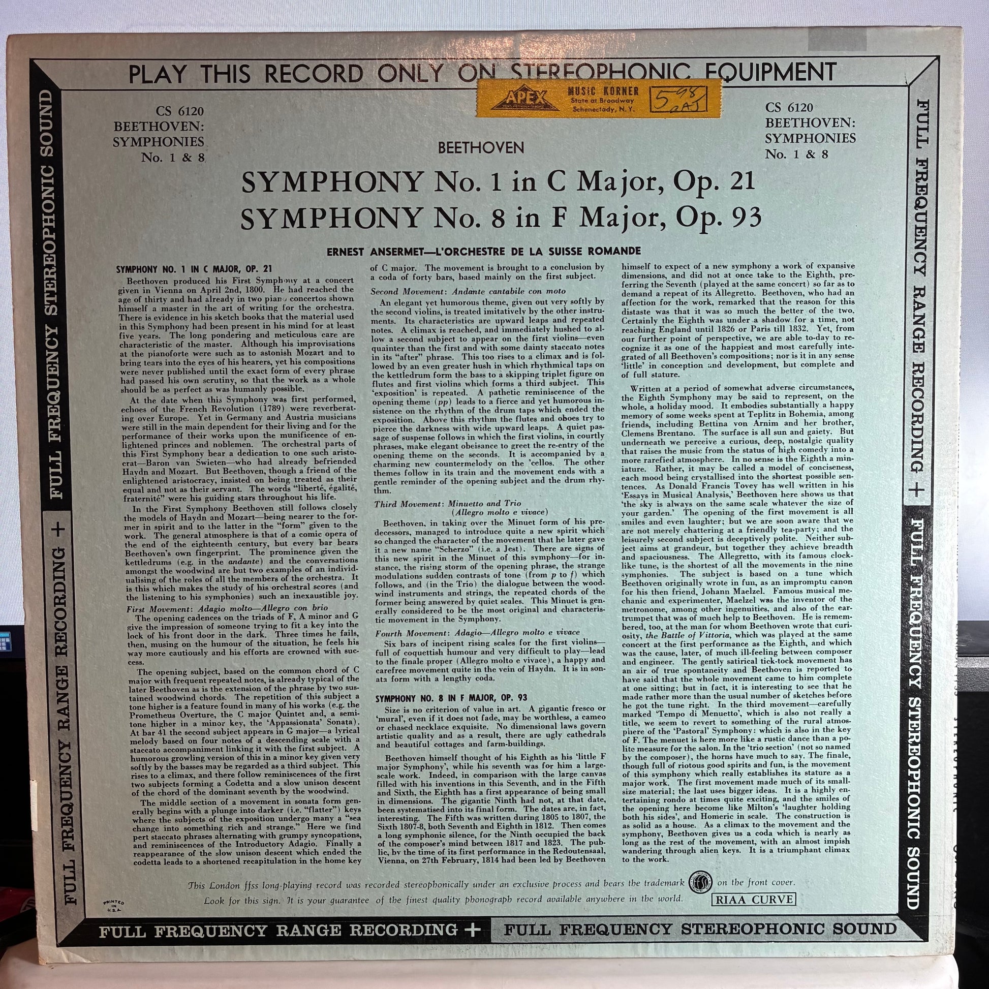 Symphony No. 1 In C Major Op. 21 / Symphony No. 8 In F Major Op. 93 (VINYL) | Very Good Plus (VG+) Excellent+ (EX+) - CLASSICAL / USED *VERY GOOD+*