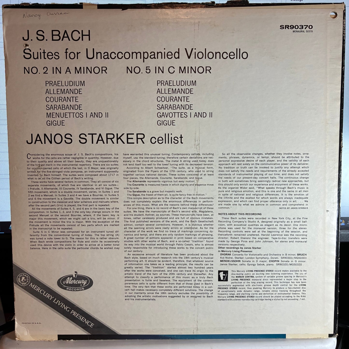 Suites For Solo Cello No.2 In D Minor No.5 In C Minor (VINYL) | Very Good (VG) Very Good (VG) - CLASSICAL / USED *VERY GOOD*
