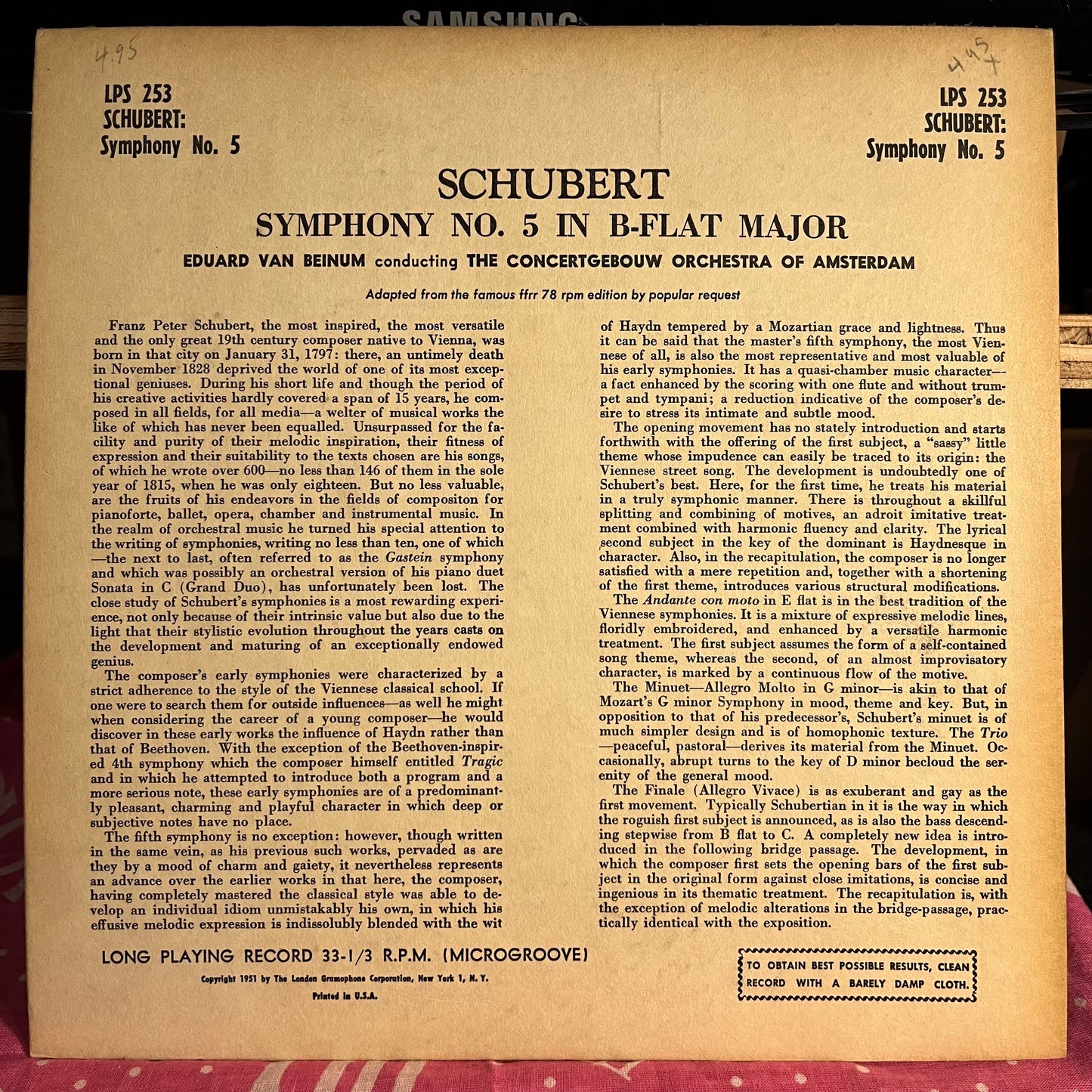 Schubert Symphony No. 5 in B. Flat Major 10" | Very Good (VG) Excellent (EX)