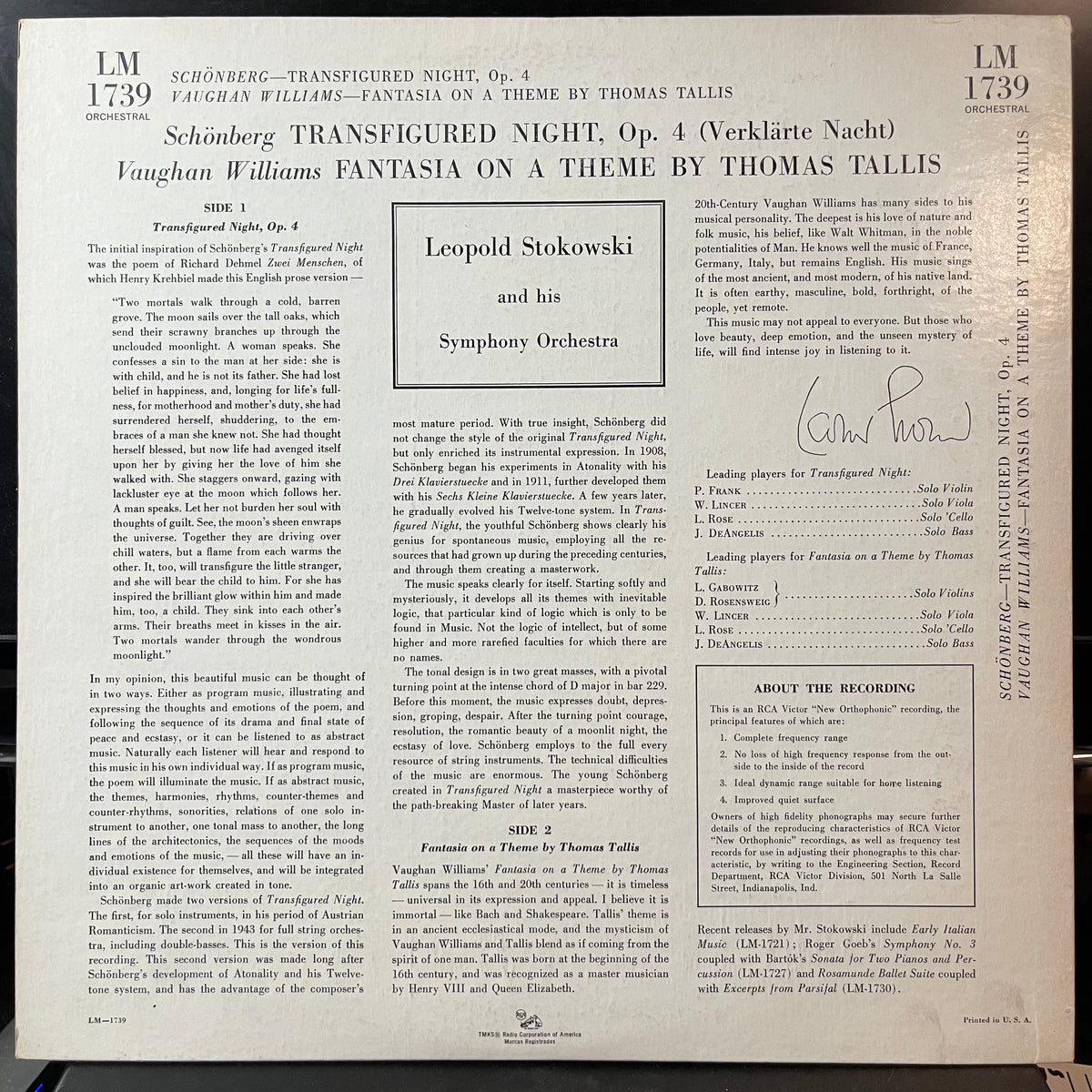Schönberg* / Vaughan Williams* - Stokowski*, Leopo - Transfigured Night / Fantasia On A Theme By Thomas Tallis (VINYL LP) | USED Near Mint (NM or M-) Near Mint (NM or M-) CLASSICAL