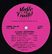 Claudio Monteverdi, Hugues Cuénod, Daniel Pinkham, Secular Vocal Works Music Guild Records LP Very Good Plus (VG+) Near Mint (NM or M-)