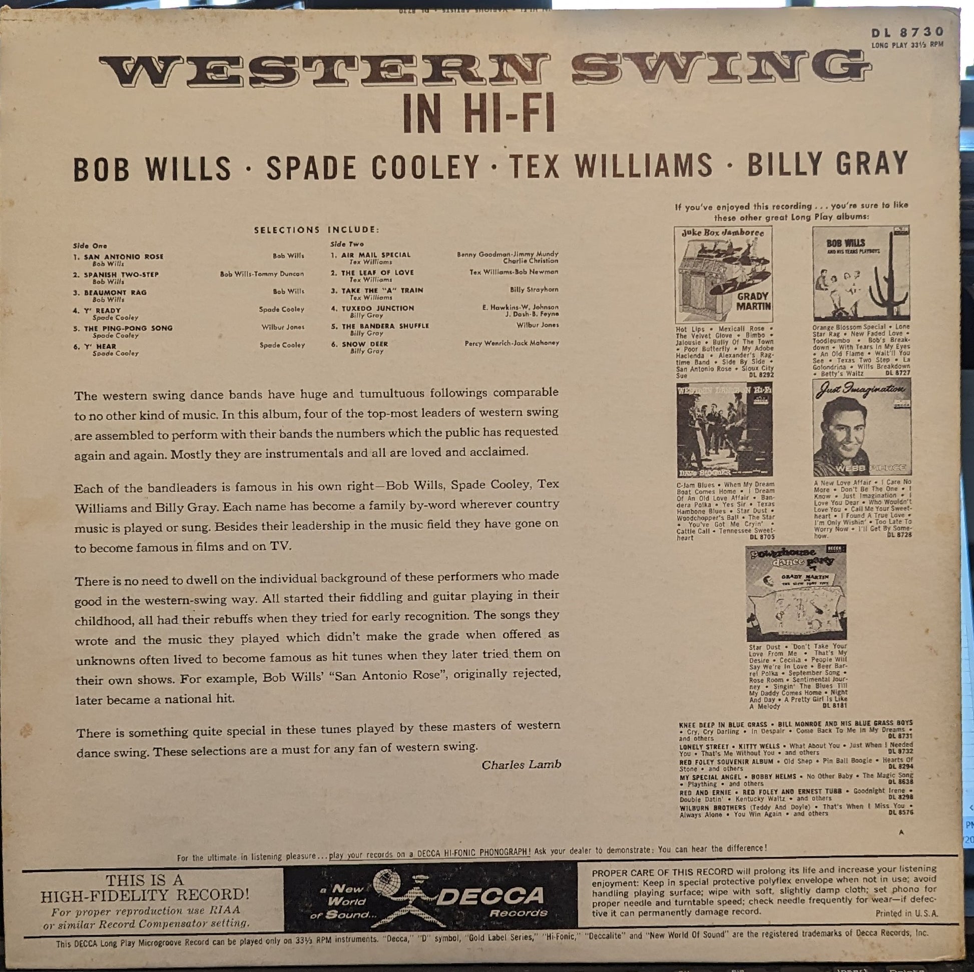 Bob Wills - Western Swing In Hi-Fi *MONO* | Good Plus (G+) Excellent (EX) - COUNTRY / USED *GOOD+*