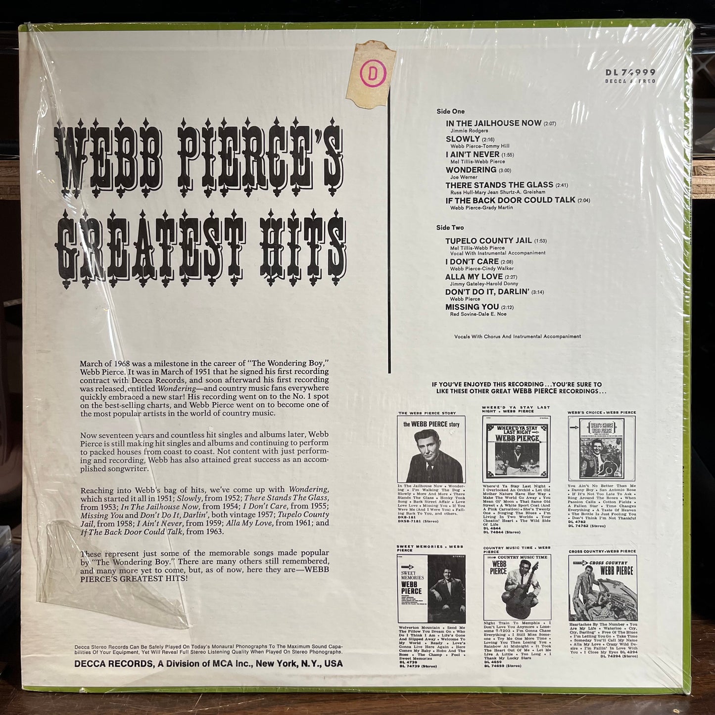 Webb Pierce's Greatest Hits (VINYL) | Near Mint (NM) Near Mint (NM) - COUNTRY / USED *NEAR MINT*