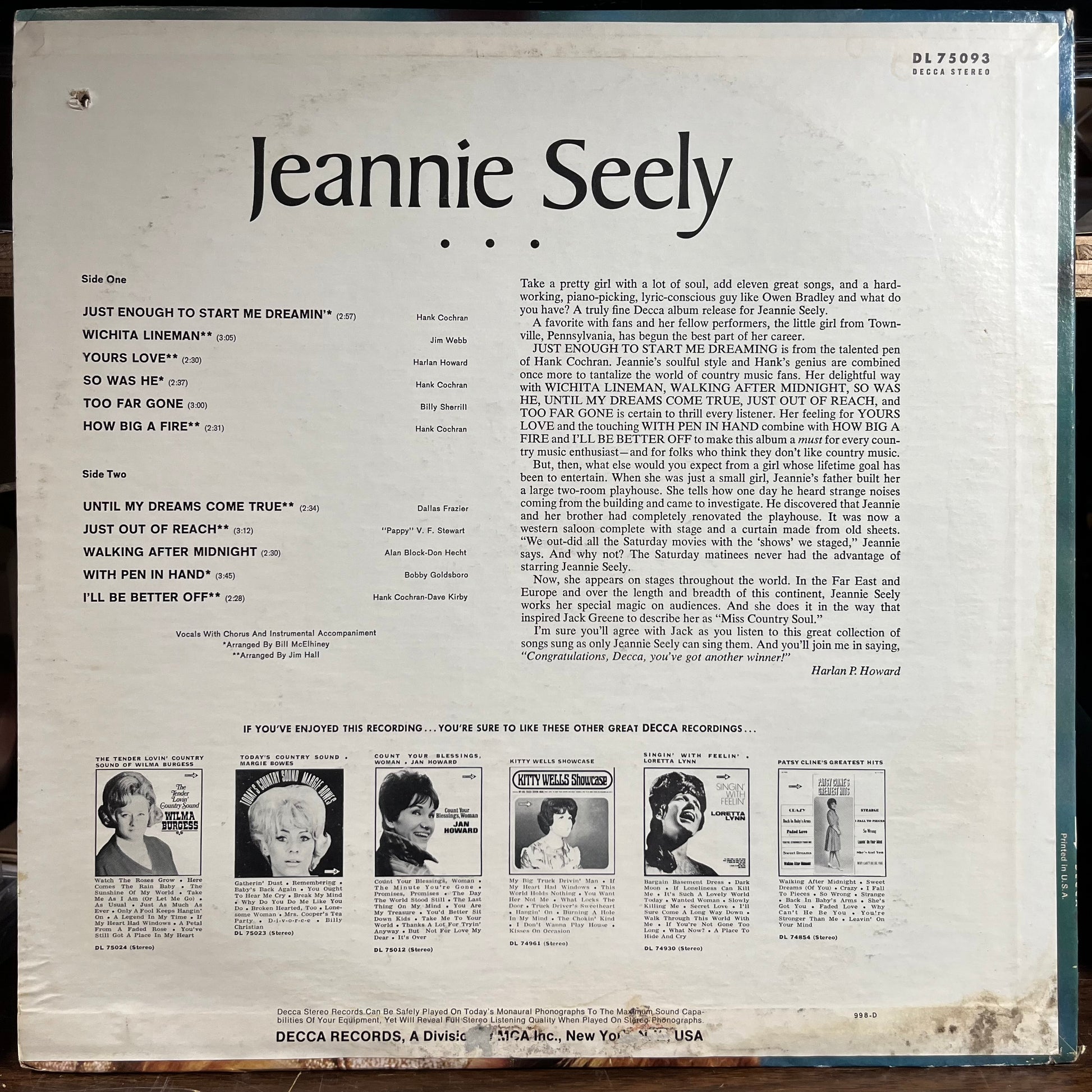 Jeannie Seely (VINYL) | Very Good Plus Plus (VG++) Very Good Plus (VG+) - COUNTRY / USED *VERY GOOD++*