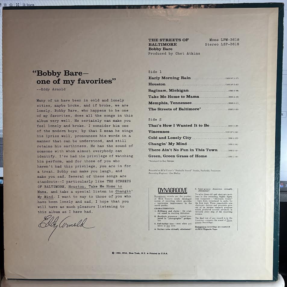 The Streets Of Baltimore (VINYL) | Very Good Plus (VG+) Excellent (EX) - COUNTRY / USED *VERY GOOD+*