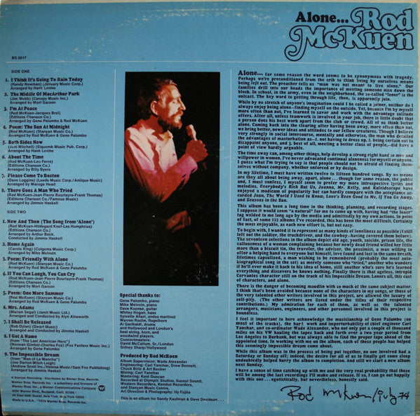 Rod McKuen - Alone ... | Very Good Plus (VG+) Excellent (EX) - COUNTRY / USED *VERY GOOD+*