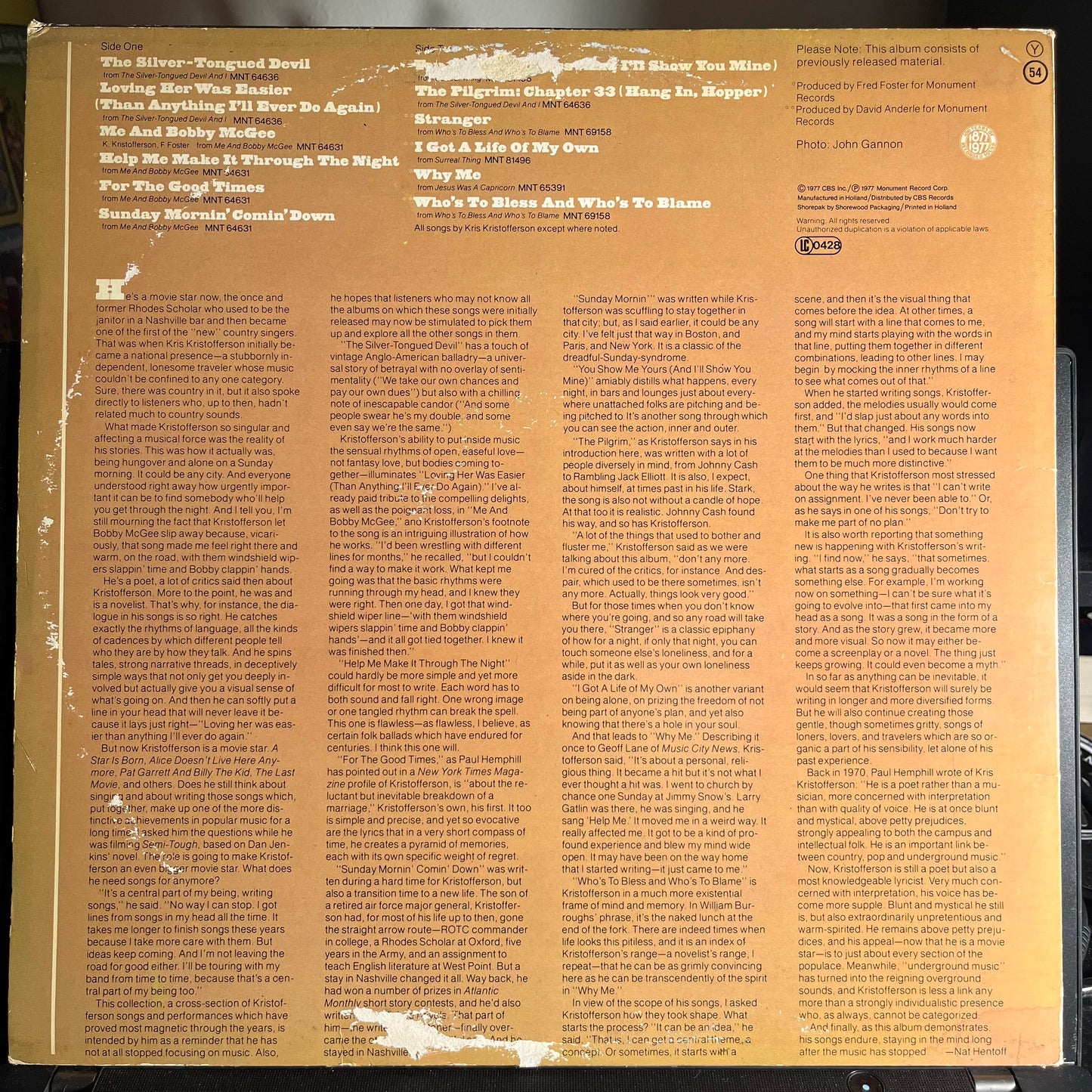 Kris Kristofferson - Songs Of Kristofferson *EUROPE* | Very Good (VG) Very Good (VG) - COUNTRY / USED *VERY GOOD*