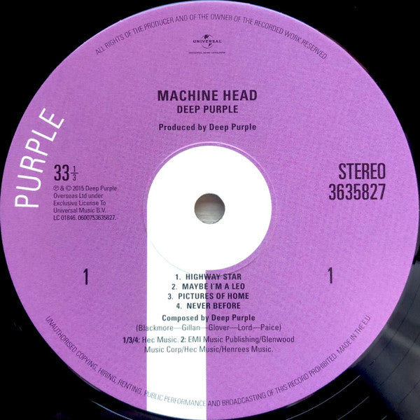 Deep Purple Machine Head Purple Records, Purple Records LP, Album, RE, RM, Gat Near Mint (NM or M-) Mint (M)