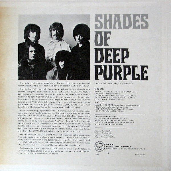 Deep Purple Shades Of Deep Purple Tetragrammaton Records LP, Album, Mon Very Good (VG) Very Good (VG)