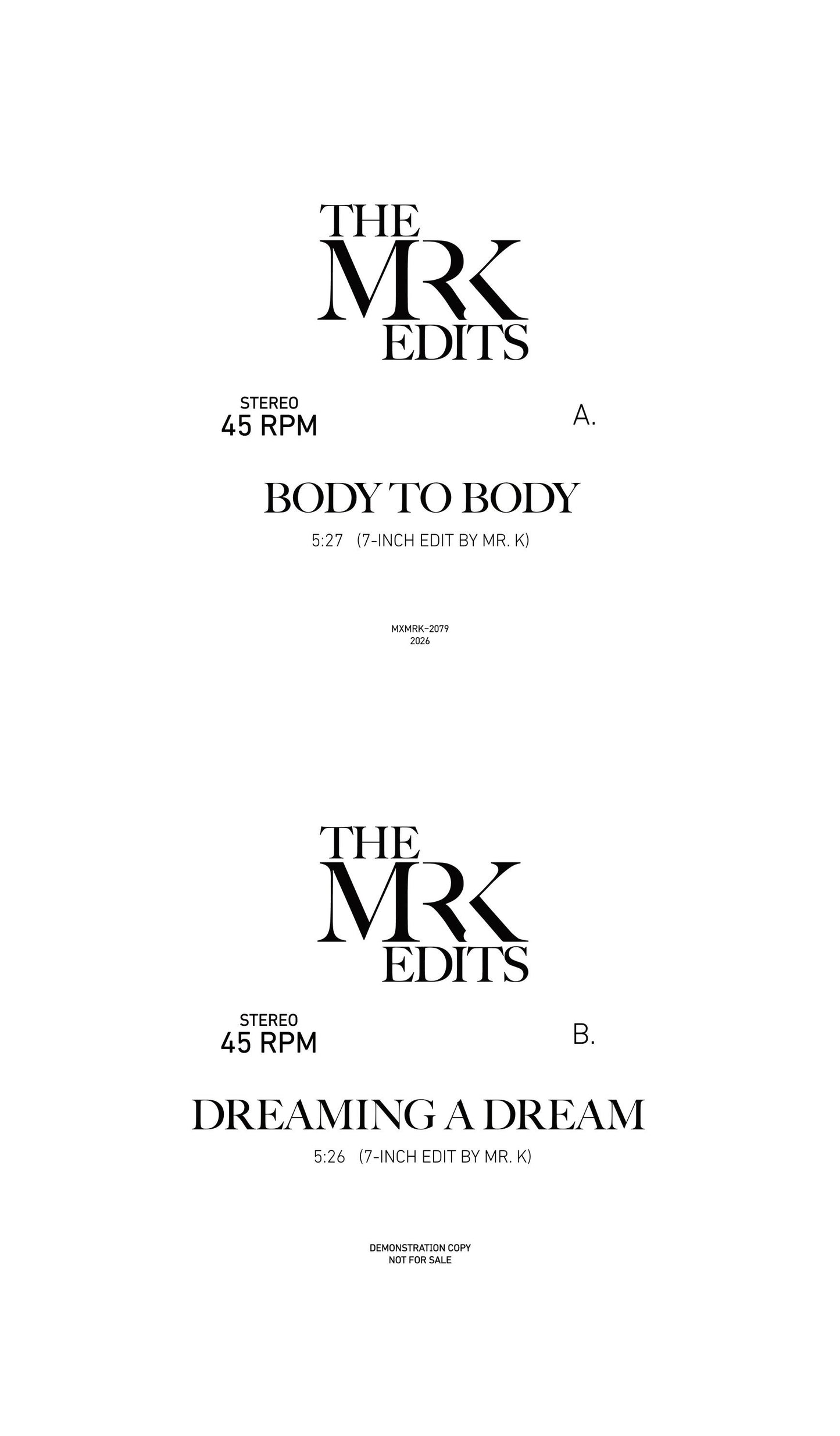 Edits by Mr K - Body To Body/ Dreaming A Dream (7" VINYL) | - DISCO *NEW*