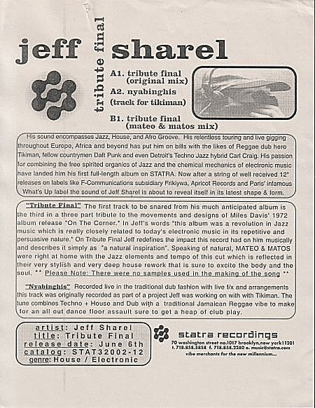 Jeff Sharel - Tribute Final (12" VINYL) | Near Mint (NM) Near Mint (NM) - DOWNTEMPO / USED *NEAR MINT*