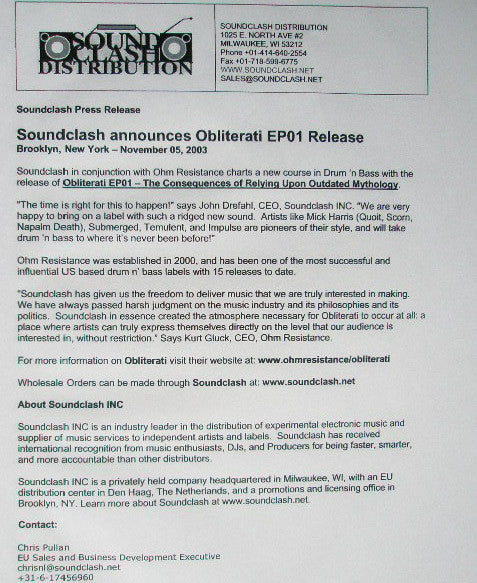 Various - Obliterati EP 1 - The Consequences Of Relying Upon Outdated Mythology | Excellent (EX) Very Good Plus (VG+) - DRUM & BASS / USED *EXCELLENT*