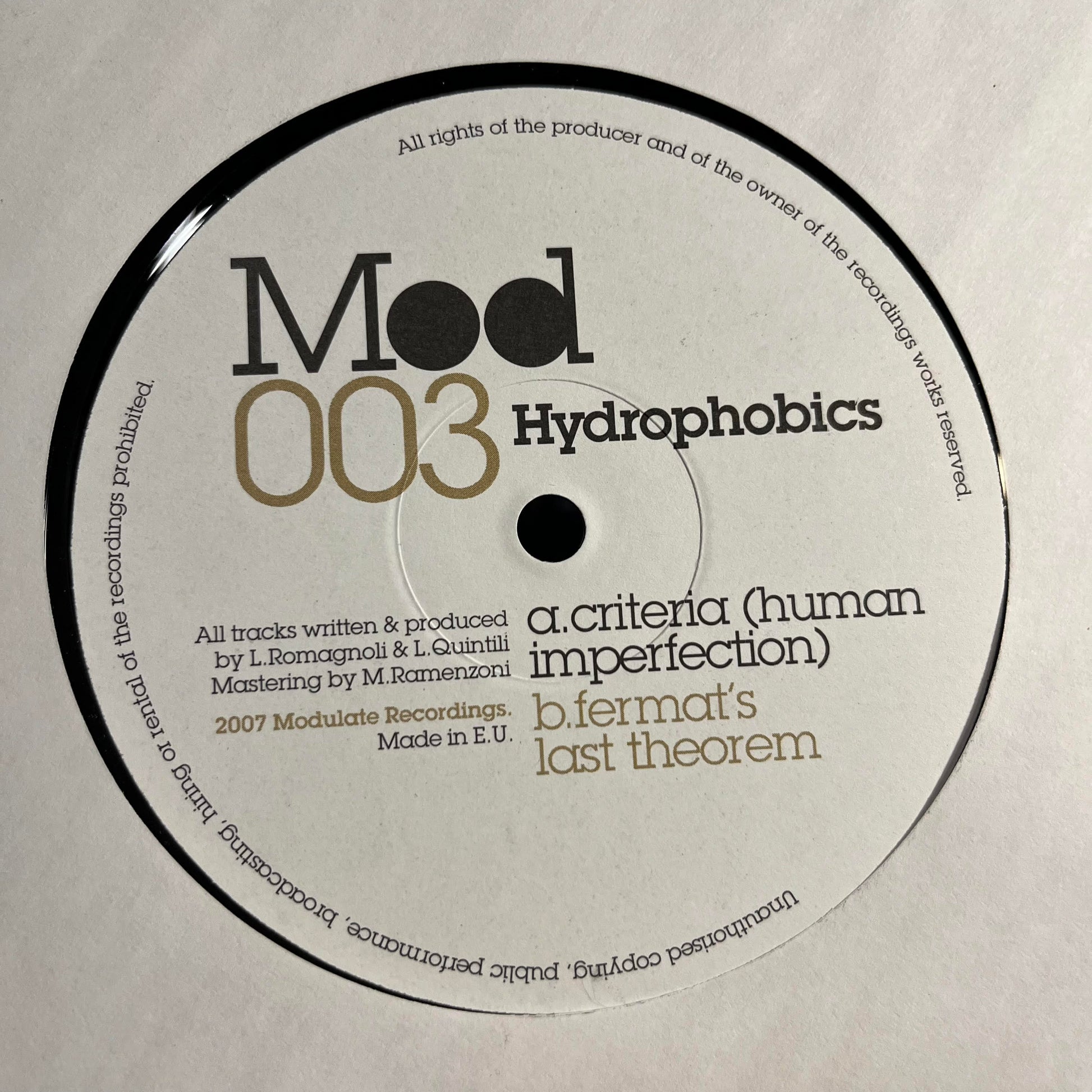 Hydrophobics - Criteria (Human Imperfection) / Fermat's Last Theorem | Near Mint (NM) Generic - DRUM & BASS / USED *NEAR MINT*