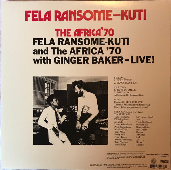 Fela Kuti And Africa 70 With Ginger Baker Live! Knitting Factory Records, Odeon LP, Album, RE Mint (M) Mint (M)