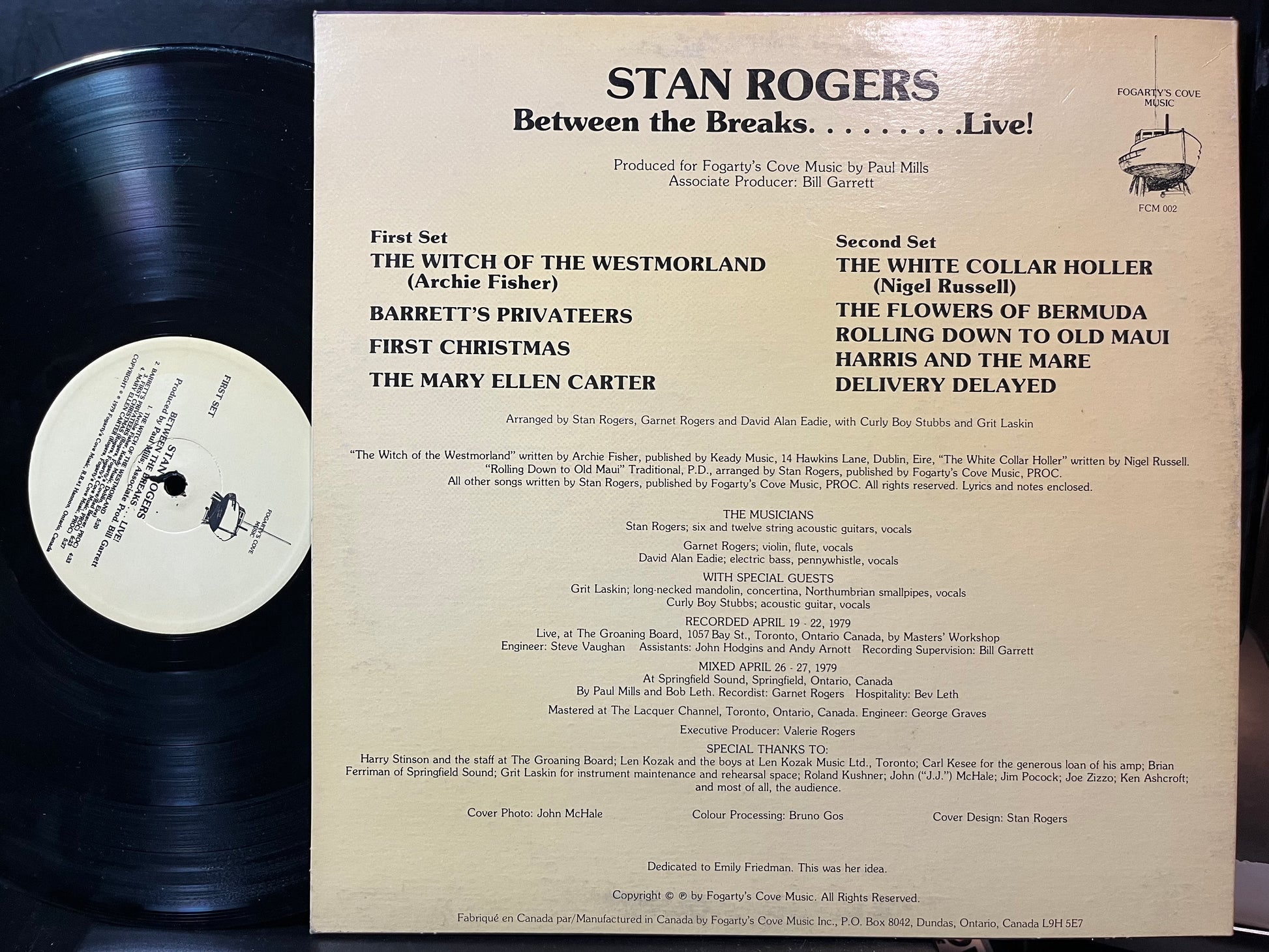 Stan Rogers - Between The Breaks ........ Live! (VINYL LP FOGARTY'S COVE FCM 002 1979) | Near Mint (NM or M-) Excellent+ (EX+) - FOLK/CELTIC / USED *NEAR MINT*