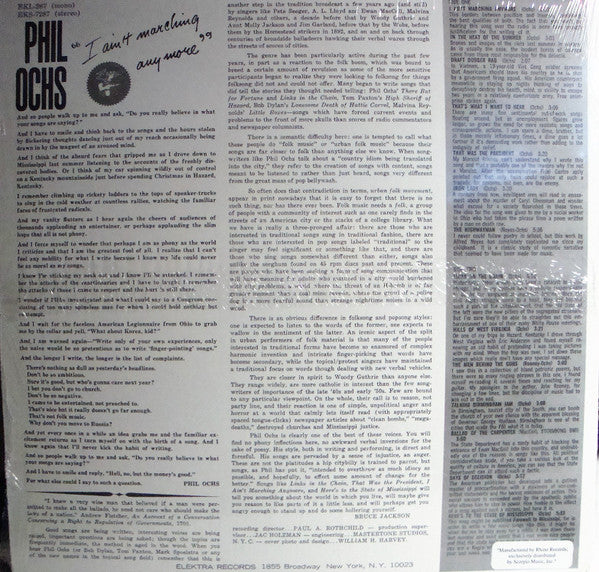 Phil Ochs - I Ain't Marching Anymore (VINYL LP ELEKTRA EKS- 7287 2010) | Near Mint- (NM-) Near Mint (NM) - FOLK / USED *NEAR MINT-*