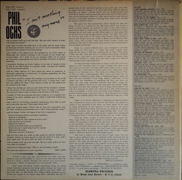 Phil Ochs - I Ain't Marching Anymore (VINYL LP ELEKTRA EKS- 7287 2010) | - FOLK / USED *NEAR MINT-*