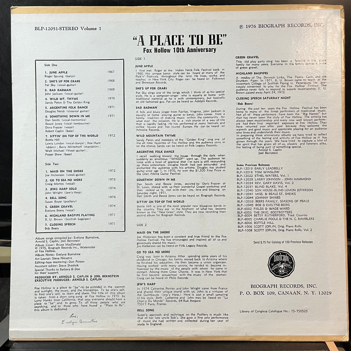 Various - A Place To Be: Fox Hollow Festival 10th Anniversary Album Vol 1 (VINYL LP) | USED Near Mint (NM or M-) Excellent+ (EX+) - FOLK / USED *NEAR MINT*
