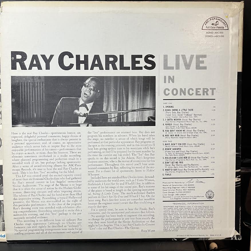 Ray Charles Live In Concert (VINYL) | Excellent+ (EX+) Excellent (EX) - FUNK / USED *EXCELLENT+*