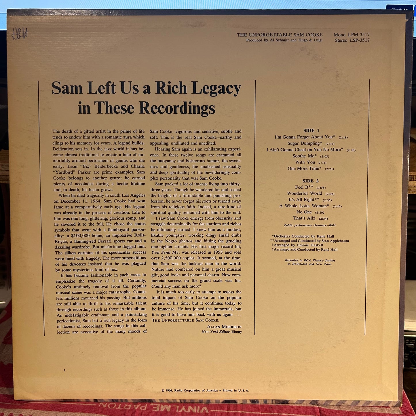 Sam Cooke - The Unforgettable Sam Cooke | Excellent (EX) Very Good Plus (VG+) - FUNK / USED *EXCELLENT*