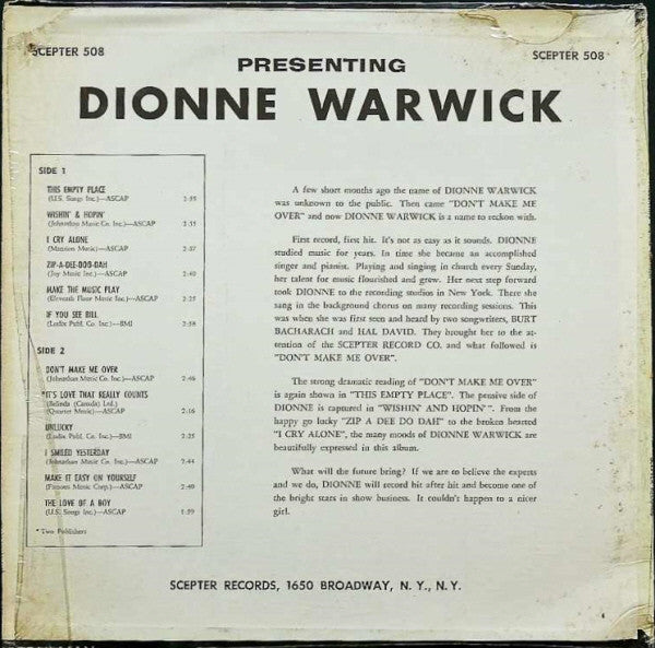 Dionne Warwick Presenting Dionne Warwick LP Very Good Plus (VG+) Excellent (EX)