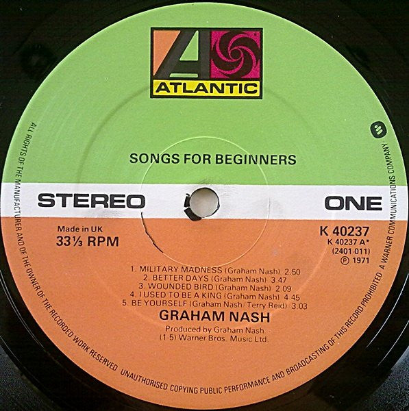 Graham Nash Songs For Beginners Atlantic, Atlantic LP, Album, RE Near Mint (NM or M-) Near Mint (NM or M-)