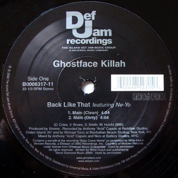 Ghostface Killah - Back Like That (VINYL 12" SINGLE DEF JAM B0006317-11 2006) | Mint (M) Near Mint (NM) - HIP HOP / NEW *SEALED*