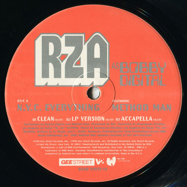 RZA as Bobby Digital - N.Y.C. Everything / Domestic Violence (VINYL 12" GEE STREET GVAB 33551-1 1999) | USED Near Mint (NM or M-) Excellent+ (EX+) - HIP HOP / USED *NEAR MINT*