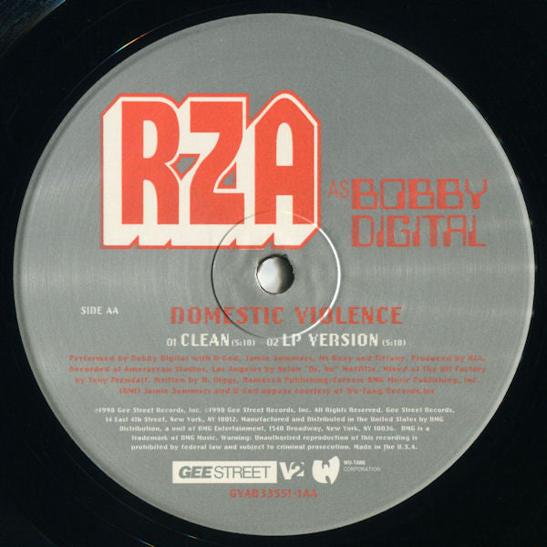RZA as Bobby Digital - N.Y.C. Everything / Domestic Violence (VINYL 12" GEE STREET GVAB 33551-1 1999) | USED Near Mint (NM or M-) Excellent+ (EX+) - HIP HOP / USED *NEAR MINT*